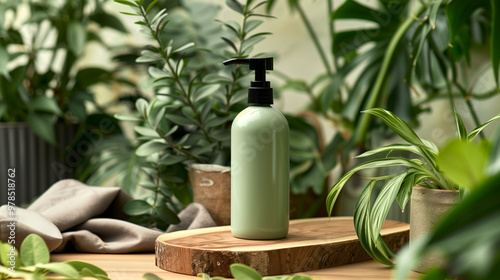 green shampoo bottle, eco-friendly packaging, natural beauty