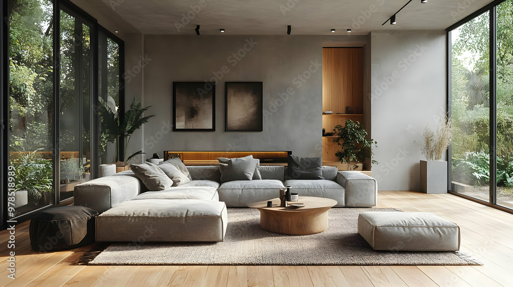 Modern Living Room Design with Concrete Walls, Wooden Floors and Large ... - Apartment Renovation With Concrete Walls And Windows And Doors And Floors