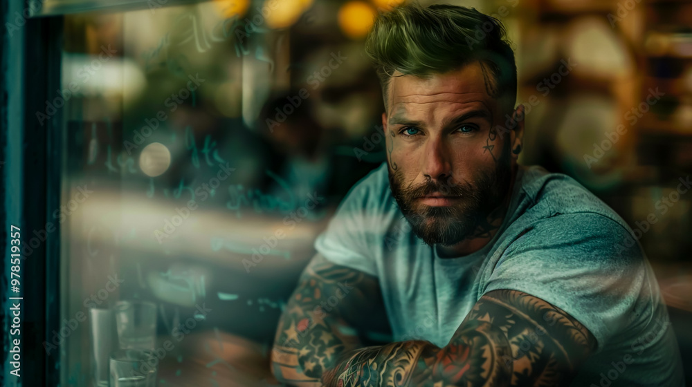 A handsome tattooed man with short hair and a beard sitting at a window of a modern cafe,