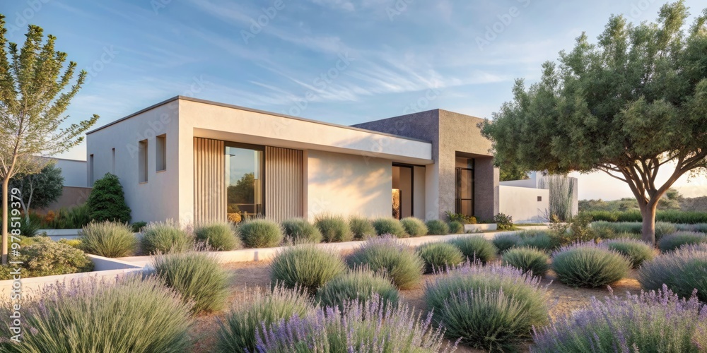 Fototapeta premium Modern house surrounded by desert landscaping and trees.