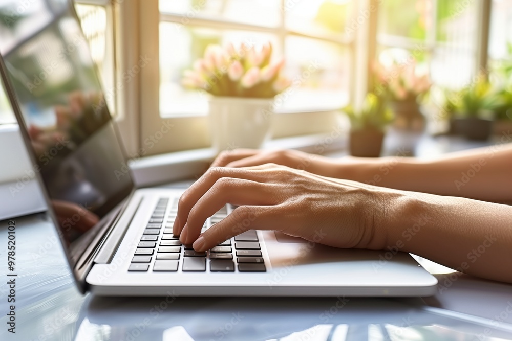 Female hands typing on a laptop keyboard Female hands typing on a laptop keyboard