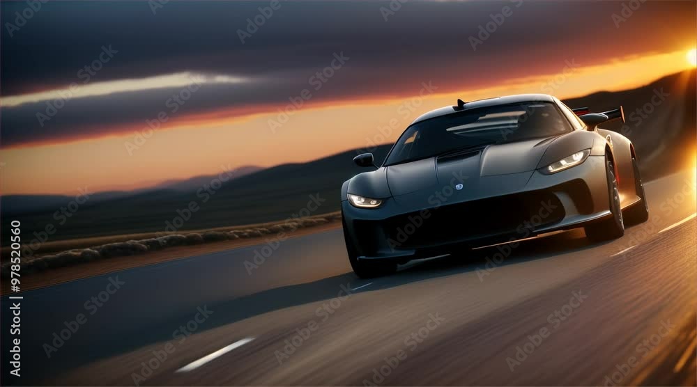 Sports car driving on a scenic road. Car on asphalt road surrounded by beautiful natural scenery. Sports car driving on a scenic road. Car on asphalt road surrounded by beautiful natural scenery.
