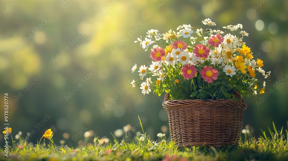 flowers bouquet in wicker basket on table in garden, abstract natural green background. spring, summer season. rustic still life with meadow flowers. template for design. generative ai flowers bouquet in wicker basket on table in garden, abstract natural green background. spring, summer season. rustic still life with meadow flowers. template for design. generative ai