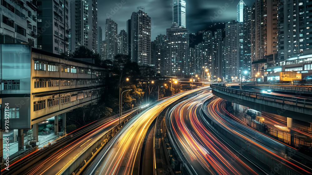 Fototapeta premium A long-exposure shot of a cityscape at night, with car lights fo