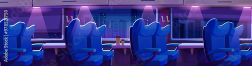 Train carriage interior at night with passenger seats and coffee cups on tables, light from lamps on ceiling, city scape with skyscraper outside window. Cartoon vector public railway transport inside.