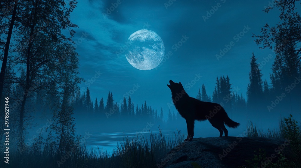 A lone wolf howling against a serene blue night sky in a majestic forest, exuding wildness and mystery in the moonlit wilderness.