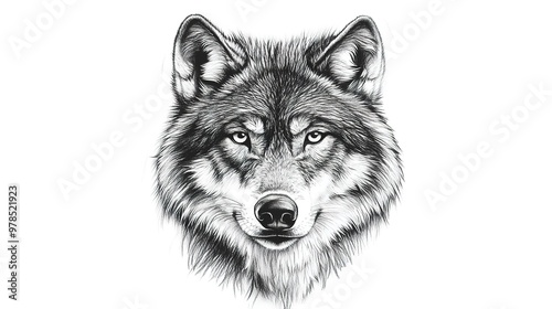 Black and white wolfs head drawing on white background, detailed