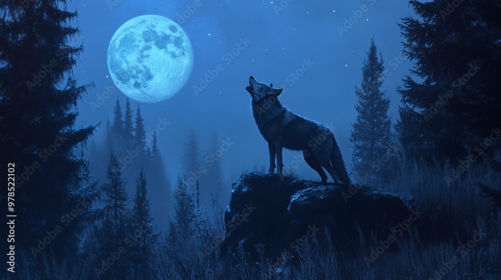 A lone wolf howling against a serene blue night sky in a majestic forest, exuding wildness and mystery in the moonlit wilderness. A lone wolf howling against a serene blue night sky in a majestic forest, exuding wildness and mystery in the moonlit wilderness.