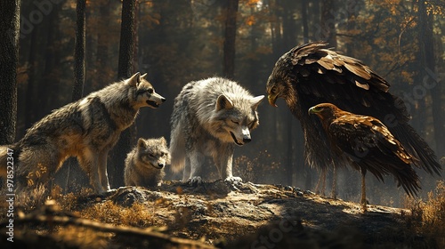 Predatory animals, wolves and hawks, intense atmosphere, 3D illustration  photo