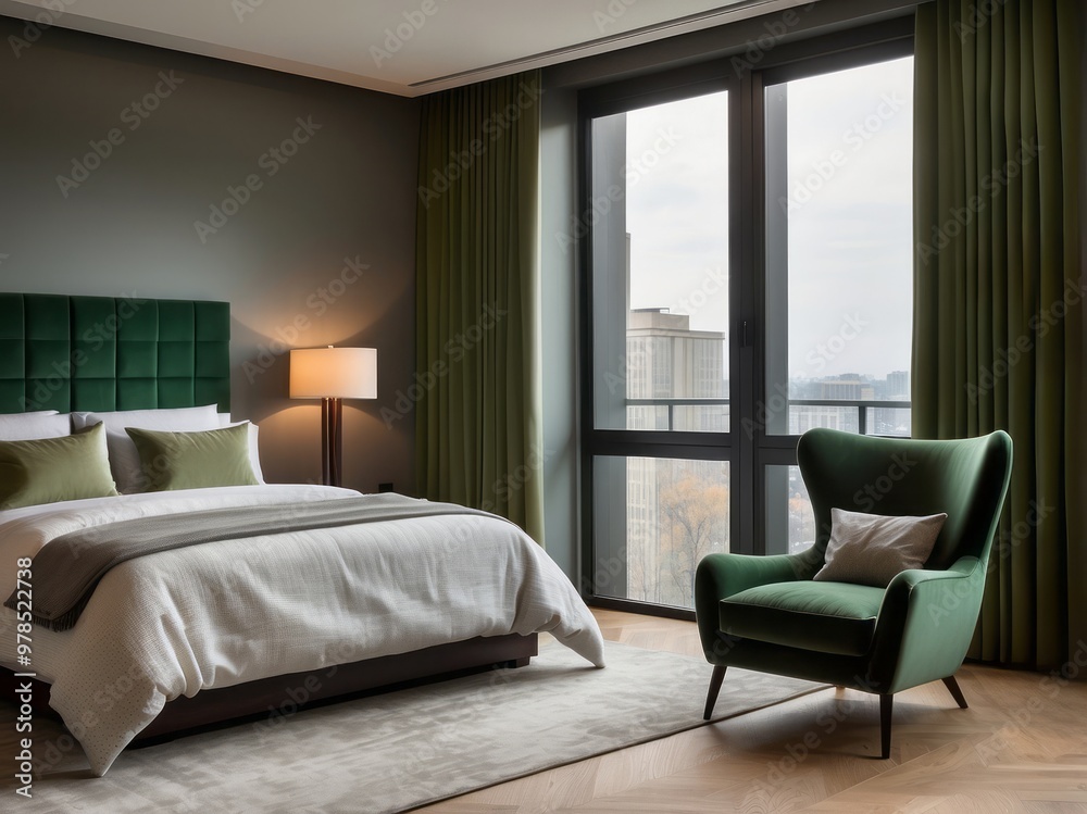 Modern Bedroom with Green Accents and City View Modern Bedroom with Green Accents and City View
