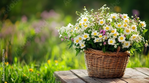 flowers bouquet in wicker basket on table in garden, abstract natural green background. spring, summer season. rustic still life with meadow flowers. template for design. generative ai