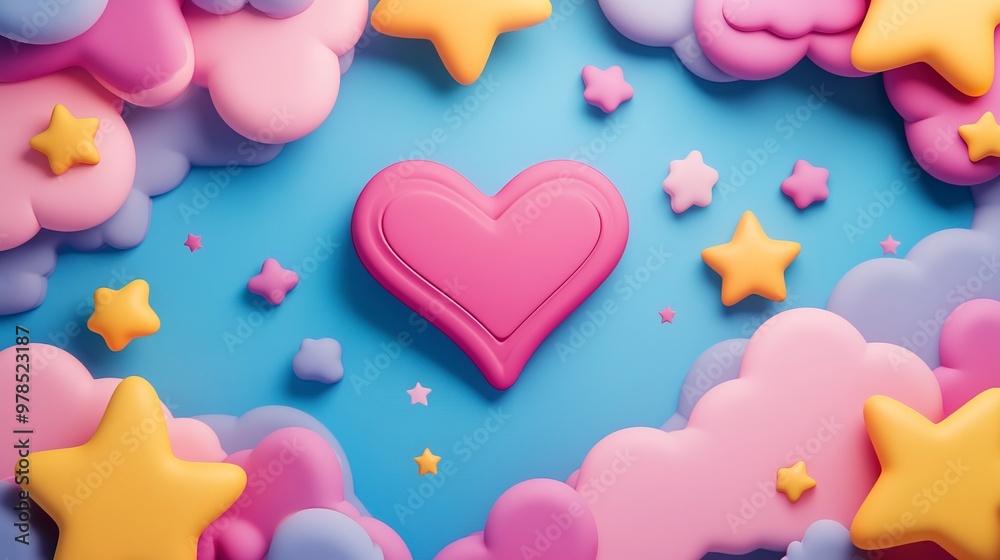 Colorful pop frame background with three-dimensional stars, hearts and clouds Colorful pop frame background with three-dimensional stars, hearts and clouds
