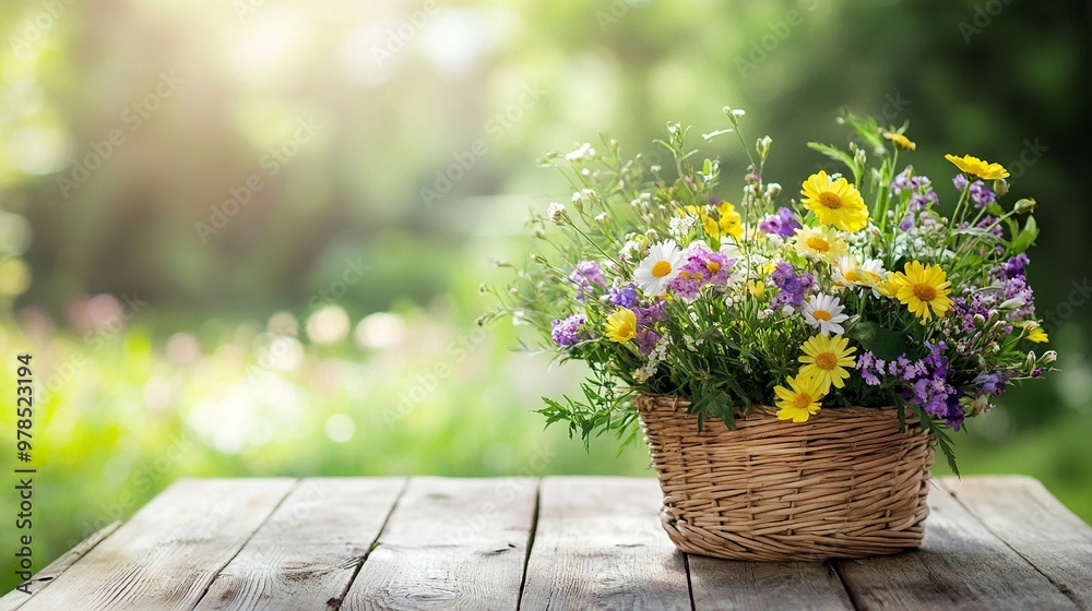 flowers bouquet in wicker basket on table in garden, abstract natural green background. spring, summer season. rustic still life with meadow flowers. template for design. generative ai flowers bouquet in wicker basket on table in garden, abstract natural green background. spring, summer season. rustic still life with meadow flowers. template for design. generative ai