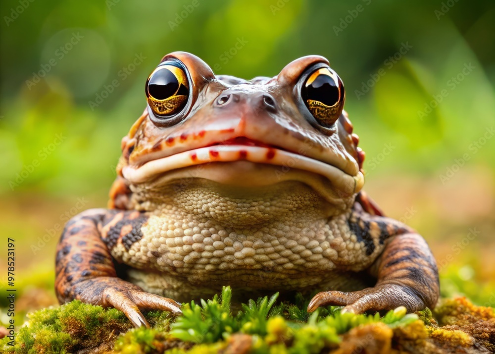 Fototapeta premium A tiny toad with enormous eyes and a ridiculously wide face gazes up at the camera, its tiny tongue and warty skin a testament to its humble charm.