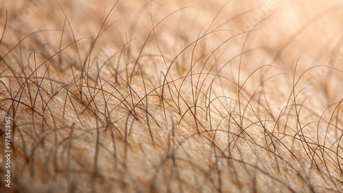 The image showcases the minute details of human skin, with hairs sprouting from pores, and fine lines etched on the surface.