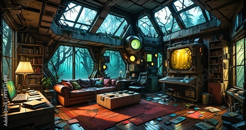 messy living room in futuristic sci fi house home in the misty woodland forest. abandoned room interior of forest cabin.