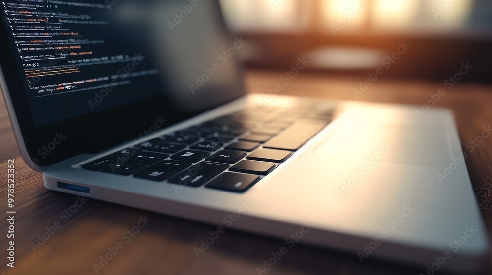 A stylish laptop with code displayed on the screen, perfect for showcasing technology and programming themes. A stylish laptop with code displayed on the screen, perfect for showcasing technology and programming themes.