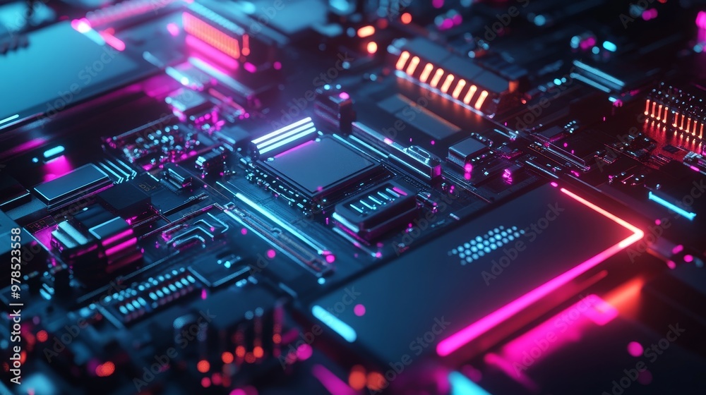 Fototapeta premium A vibrant close-up of a futuristic circuit board, showcasing intricate details and colorful LED lights in a neon glow.