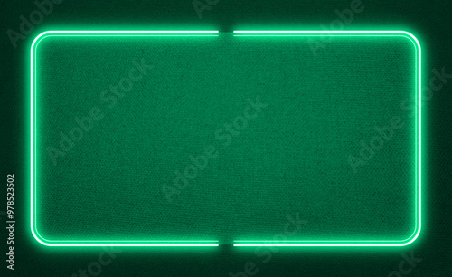dark green fabric background and glowing neon rectangle frame with copy space for place text or product