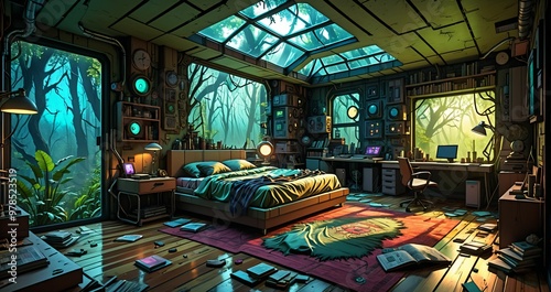 interior of bedroom in futuristic fantasy house. wood cabin room on spring woodland morning. forest home with trees and vines.