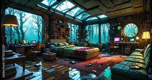 interior of bedroom in futuristic fantasy house. wood cabin room on spring woodland morning. forest home with trees and vines.