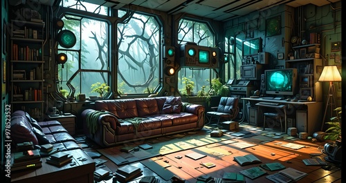 messy living room in futuristic sci fi house home in the misty woodland forest. abandoned room interior of forest cabin.