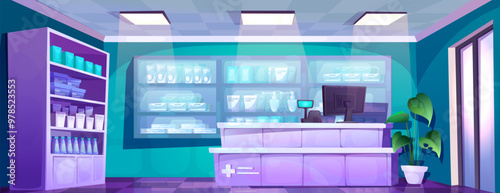Hospital pharmacy store interior. Shelves in medical shop near counter with drug display vector background. Modern clinic supermarket for sale pill, vaccine and health care product panorama design