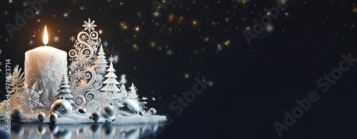 Glowing candle with a snowy forest motif and a silver Christmas tree made of swirls, stars, and ornaments on dark bavkground photo