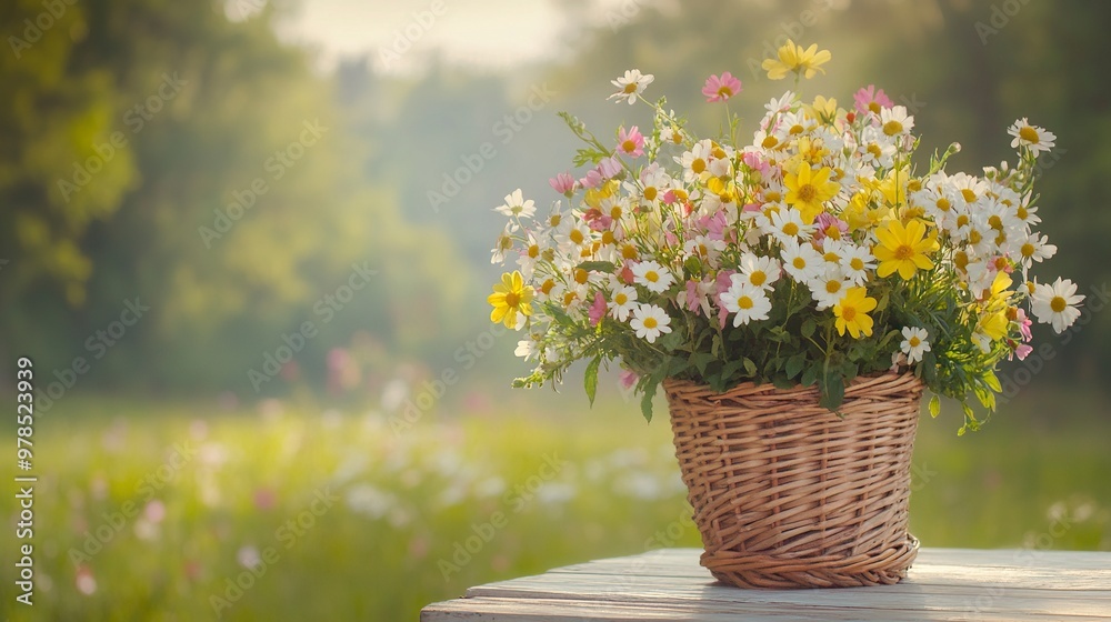 flowers bouquet in wicker basket on table in garden, abstract natural green background. spring, summer season. rustic still life with meadow flowers. template for design. generative ai flowers bouquet in wicker basket on table in garden, abstract natural green background. spring, summer season. rustic still life with meadow flowers. template for design. generative ai