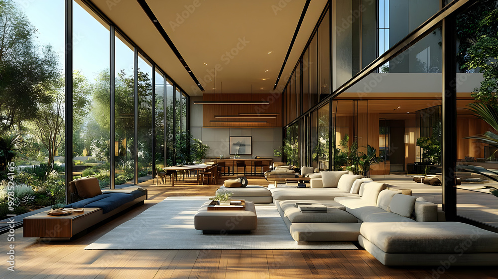 Modern Living Room Design with Floor-to-Ceiling Windows and a View of Lush Greenery Modern Living Room Design with Floor-to-Ceiling Windows and a View of Lush Greenery