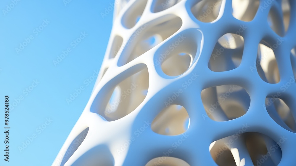 Abstract white structure with intricate holes against a blue sky, showcasing modern design and artistic innovation. Abstract white structure with intricate holes against a blue sky, showcasing modern design and artistic innovation.