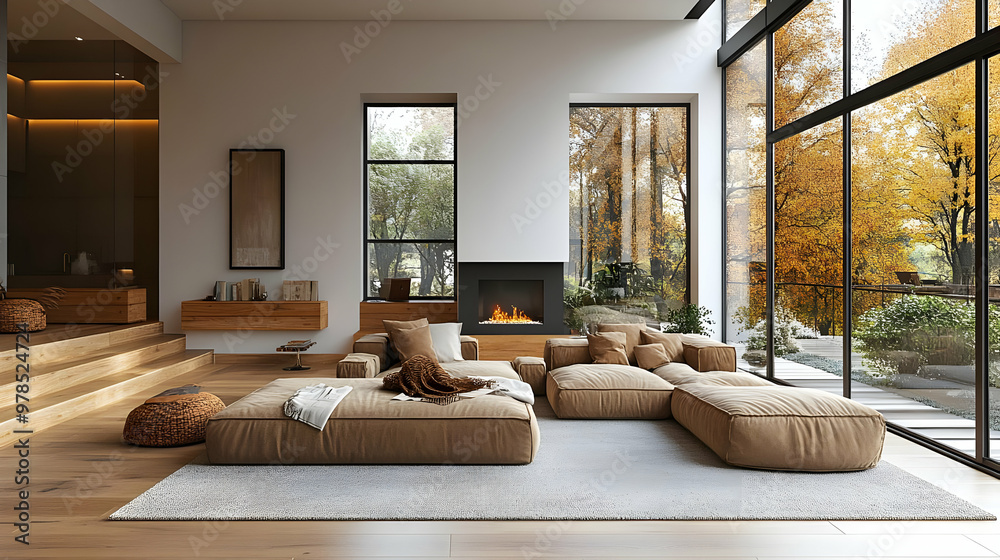 Modern Living Room Design with Cozy Fireplace and Large Windows Modern Living Room Design with Cozy Fireplace and Large Windows