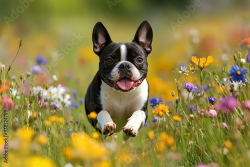 Joyful Dog Frolicking in Flower Meadow