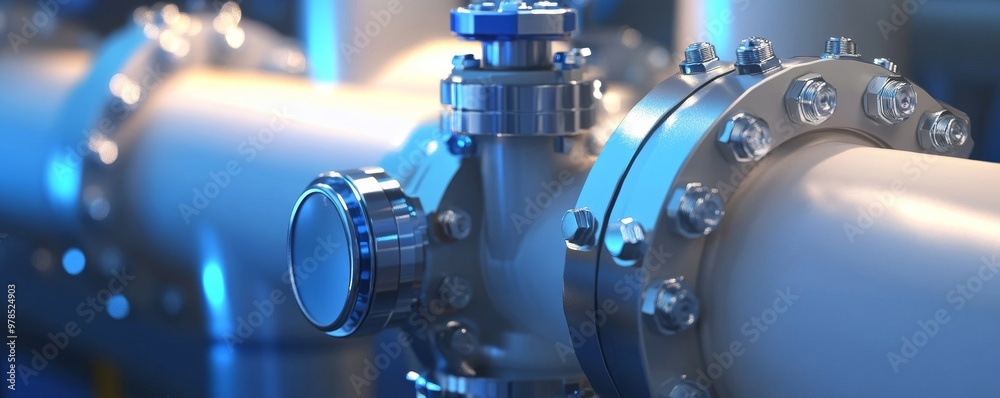 Close-up of a shiny metallic valve on a large industrial pipe, showcasing modern design and engineering in a blue-lit environment. Close-up of a shiny metallic valve on a large industrial pipe, showcasing modern design and engineering in a blue-lit environment.