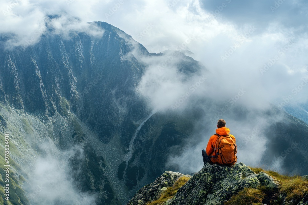 Solo Hiker Overlooking Mountain Range Solo Hiker Overlooking Mountain Range