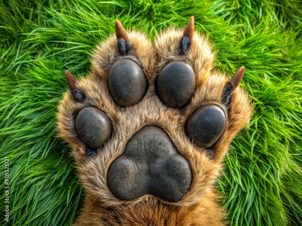 Obraz premium Furry, padded bearcat paw print with distinctive curved toe pads and slender fingers, set against a soft, grassy background.