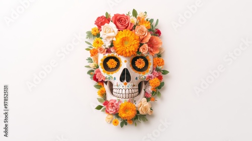 A detailed skull illustration decorated with vibrant flowers, roses, and marigolds, placed on a minimalistic white background