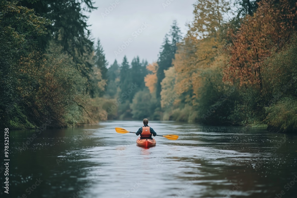 A serene scene of a person kayaking on a calm river surrounded by autumn foliage, evoking tranquility and outdoor adventure. A serene scene of a person kayaking on a calm river surrounded by autumn foliage, evoking tranquility and outdoor adventure.