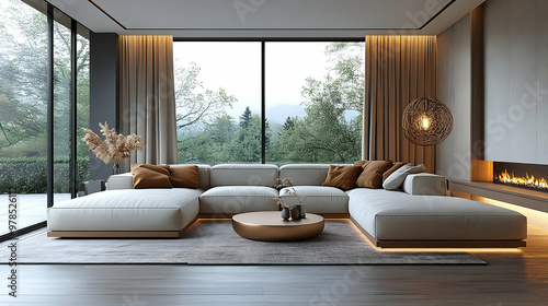 Modern Living Room Design with Sectional Sofa, Fireplace, and Natural Light