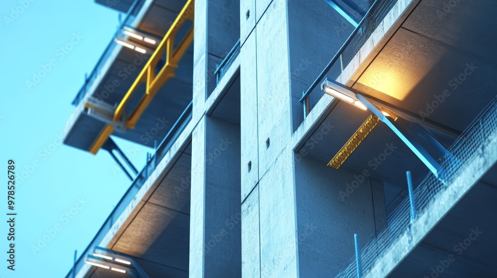 Fototapeta premium Modern architectural detail of a concrete building under construction showcasing simplistic lines and industrial design elements.