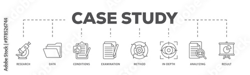 Case study infographic icon flow process which consists of research, data, conditions, examination, method, in depth, analyzing, and result icon live stroke and easy to edit 
