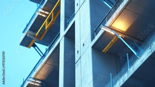 Modern architectural detail of a concrete building under construction showcasing simplistic lines and industrial design elements.