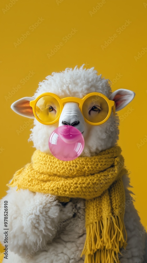 Obraz premium Adorable sheep with yellow glasses and scarf, blowing pink bubblegum against a yellow background.