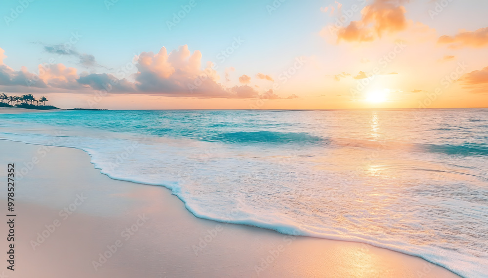 Fototapeta premium Crystal-clear turquoise waters with gentle waves lapping at a pristine beach under a golden sunset