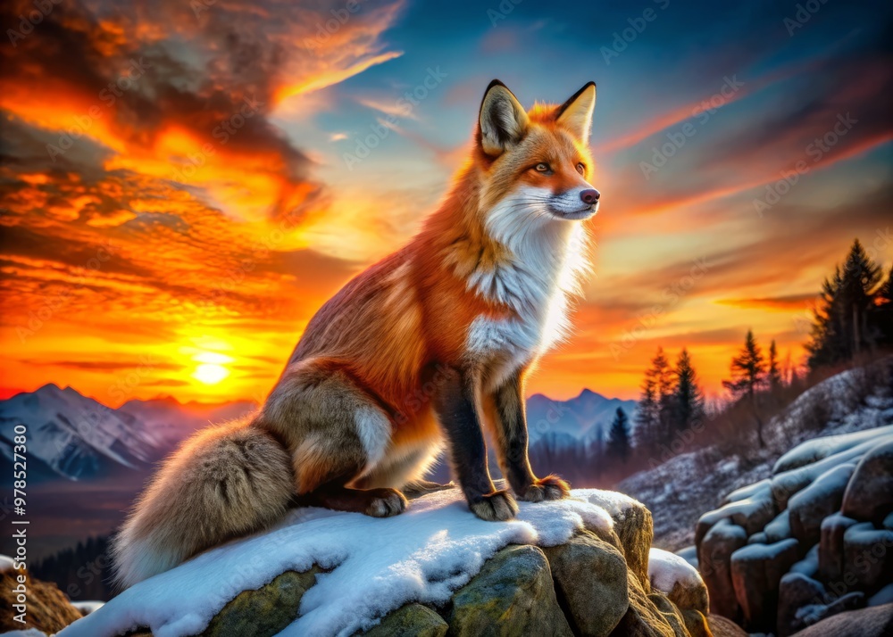 A majestic nine-tailed fox with vibrant red fur and snowy white tips on its bushy tails, perched on a rocky outcropping beneath a crimson sunset. A majestic nine-tailed fox with vibrant red fur and snowy white tips on its bushy tails, perched on a rocky outcropping beneath a crimson sunset.