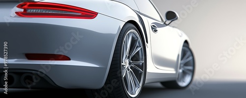 Sleek silver sports car showcasing stylish design and modern wheels against a minimalist backdrop.