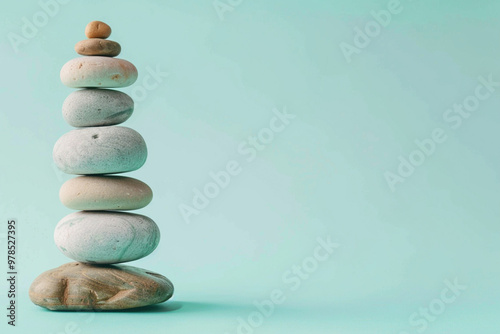 Pebble tower balance harmony pyramid stones arrangement on calm green relaxing background. Simple poise stones, simplicity harmony and balance, rock zen sculptures concept photo