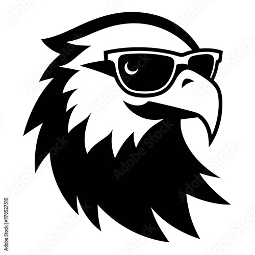 The bird appears to be an eagle, with its wings spread out and its head facing towards the left side of the image. It has a pair of sunglasses on its face