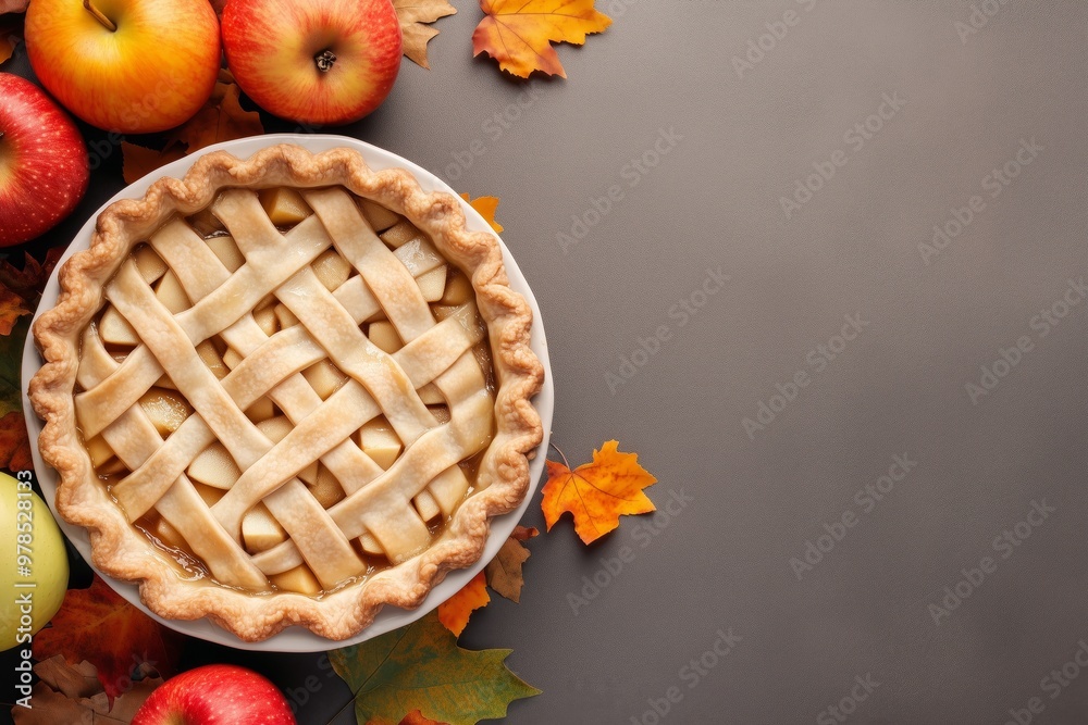 A golden lattice-topped apple pie surrounded by autumn leaves and fresh apples, capturing the essence of fall.