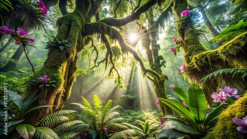 "Gigantic ferns overshadowed by vines with iridescent orchids and epiphytes, amidst moss-covered tree trunks, and dappled light filtering through the forest canopy."